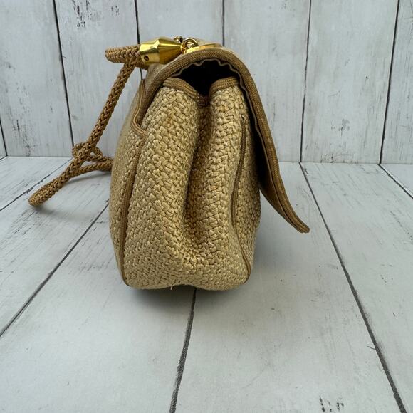 VTG De Veechi Tan/Gold Neutral Woven Jute Italian Clutch Shoulder Bag Beachy - Picture 7 of 11